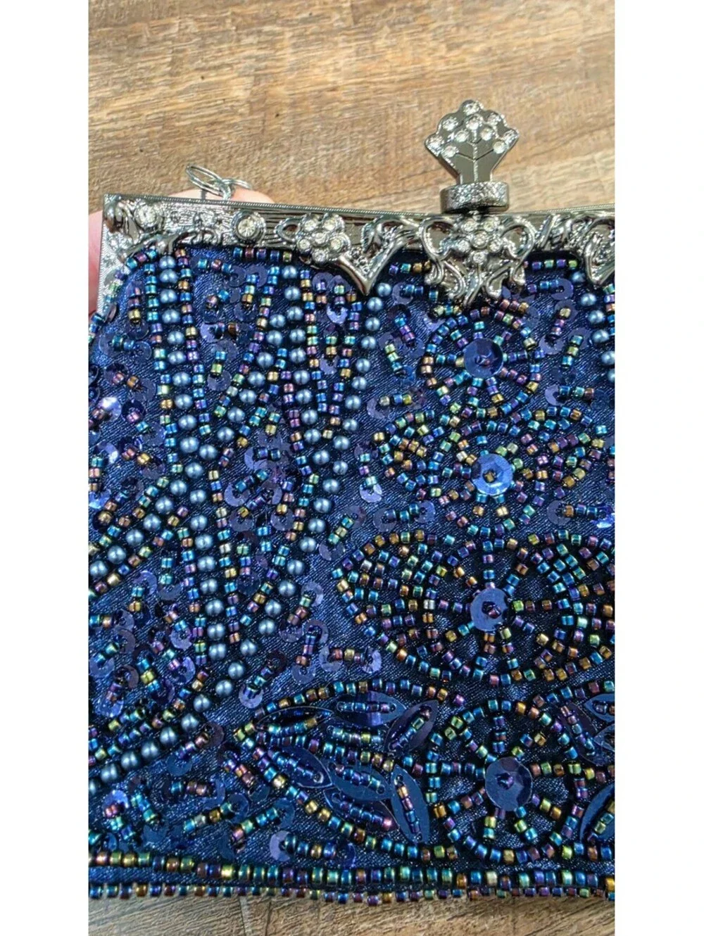 Elegant Blue Beaded Evening Clutch Purse with Silver Handle